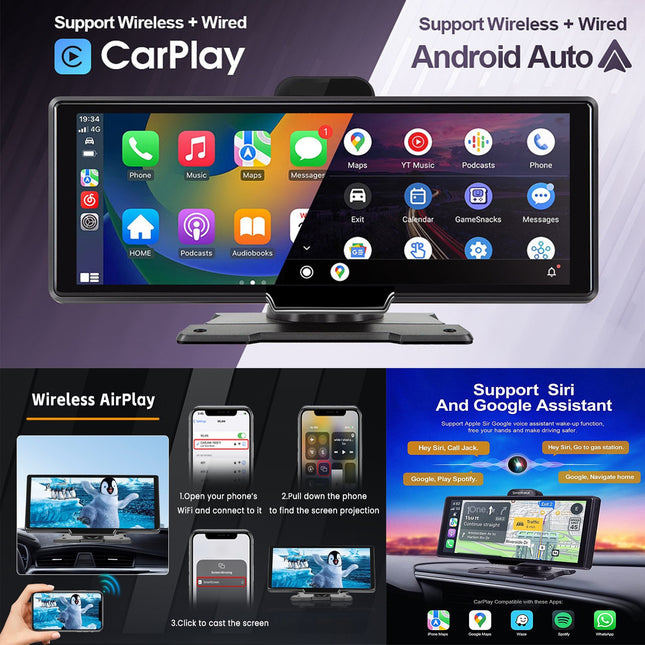 10.26-inch Portable Car Central Control Smart Screen with Wireless CarPlay, Android Auto, Bluetooth, and AHD Backup Camera